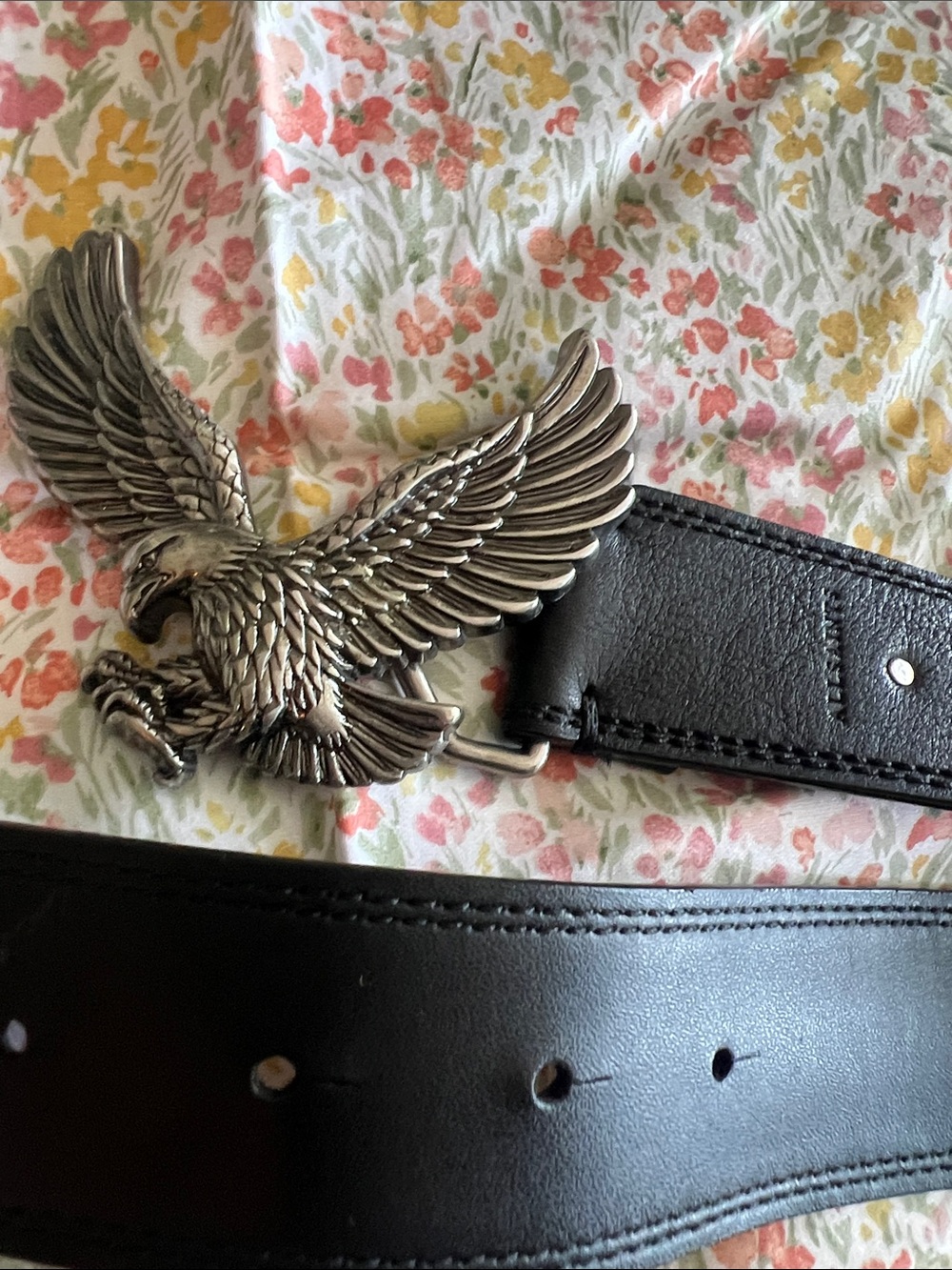 All Saints Black Leather Belt with Silver Eagle Buckle